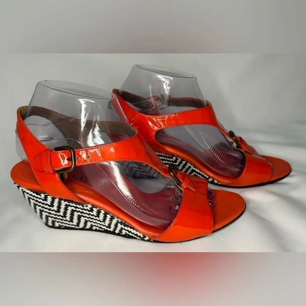 Anyi Lu Women’s Lola Red/Orange Patent Wedge Sandals Handmade in Italy Size 39